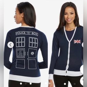 Her Universe Dr Who Tardis Union Jack navy blue cardigan sweater size medium